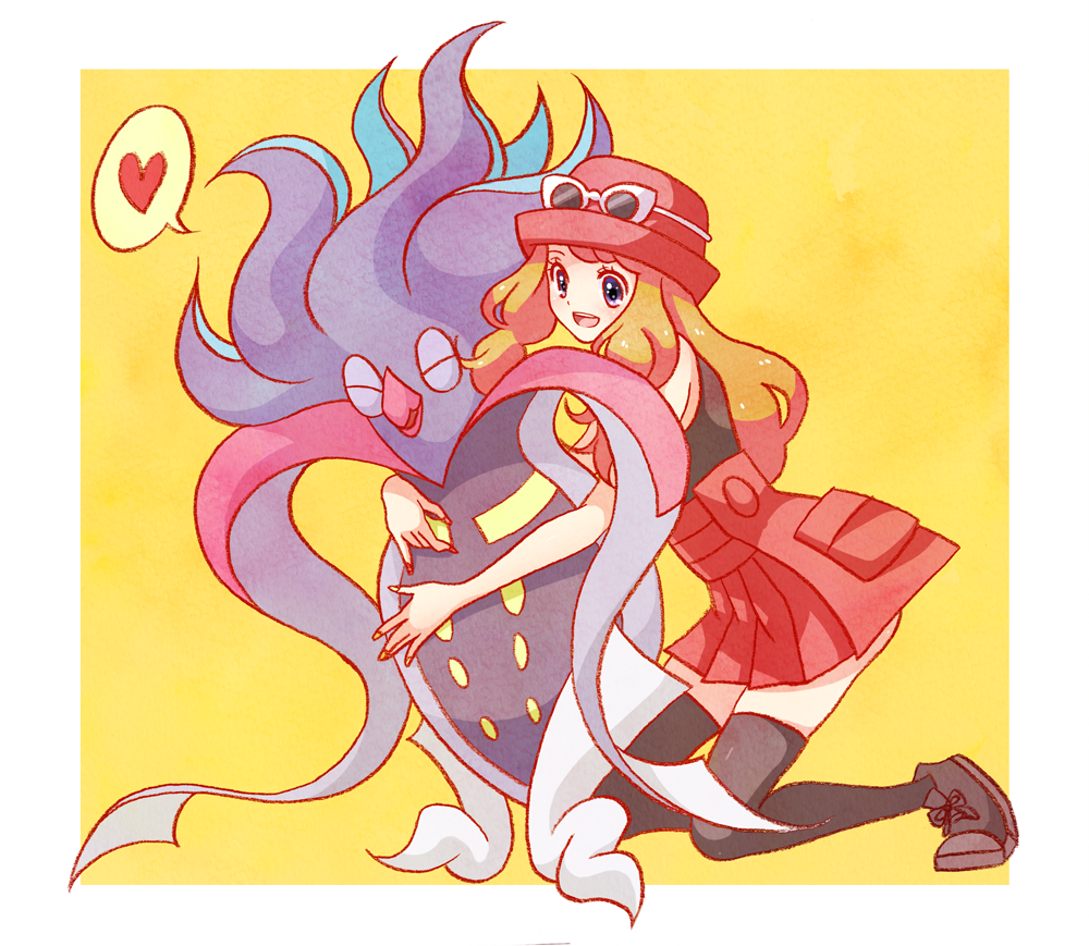 1girl 1other brown_hair closed_eyes full_body gen_6_pokemon happy hat heart hug malamar nintendo nude open_mouth pink_eyes pokemon pokemon_(creature) pokemon_xy red_skirt serena_(pokemon) shoes simple_background skirt sneakers sora_(pikasora) spoken_heart tentacles torn_clothes yellow_background