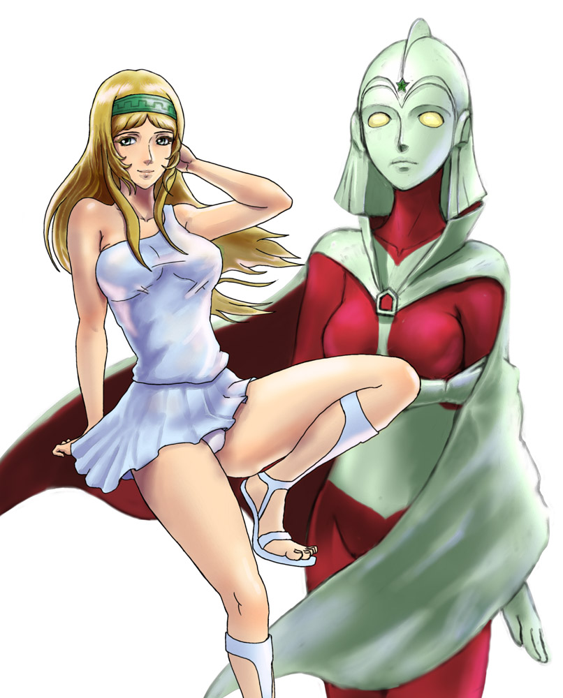 1girl amia_(ultra_series) ancient_greek_clothes bare_shoulders blonde_hair breasts brown_eyes cape color_timer dress dual_persona greco-roman_clothes long_hair looking_at_viewer nyoruniru simple_background the_ultraman_(anime) tokusatsu ultra_series ultraman_joneus very_long_hair white_background yellow_eyes