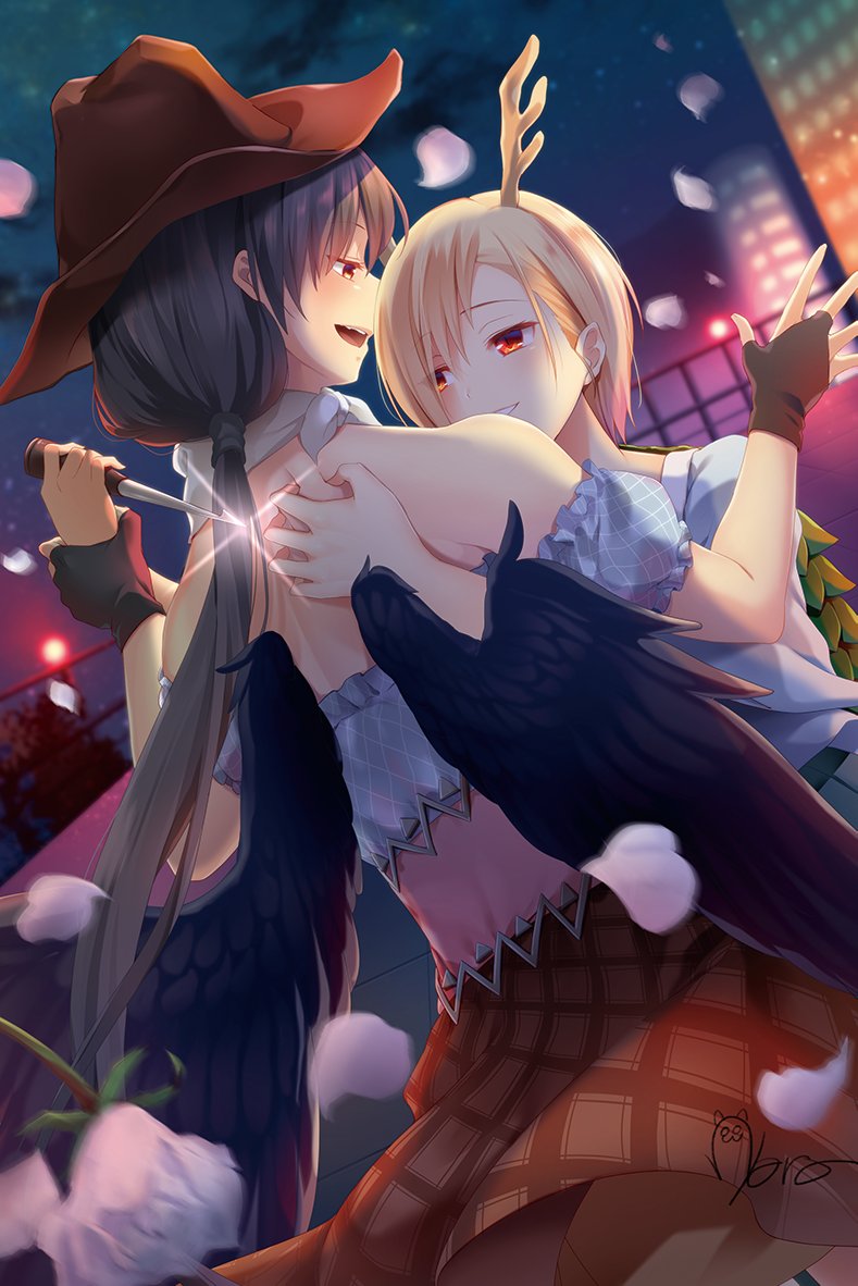 2girls :d antlers argyle_clothes argyle_shirt argyle_skirt backstab bandana black_gloves black_wings blonde_hair blue_shirt blurry blurry_background brown_headwear commentary_request cowboy_hat depth_of_field dragon_horns dutch_angle eye_contact facing_another falling_petals fingerless_gloves glint gloves hair_behind_ear half-closed_eyes hat holding holding_knife horns kicchou_yachie knife kurokoma_saki long_hair looking_at_another low_ponytail motion_blur multiple_girls night night_sky nnyara open_mouth outdoors pegasus_wings petals ponytail profile red_eyes shirt short_hair signature sky smile star_(sky) starry_sky touhou turtle_shell very_long_hair wings