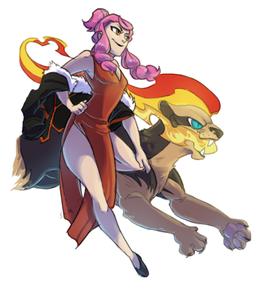1girl alternate_costume animal_ears animal_hands breath_weapon breathing_fire claws dress fire full_body gen_6_pokemon jacket lion_ears malva_(pokemon) nintendo pelvic_curtain pink_hair pokemon pokemon_(creature) pokemon_xy pyroar pyroar_(female) red_dress red_eyes simple_background trresleches white_background