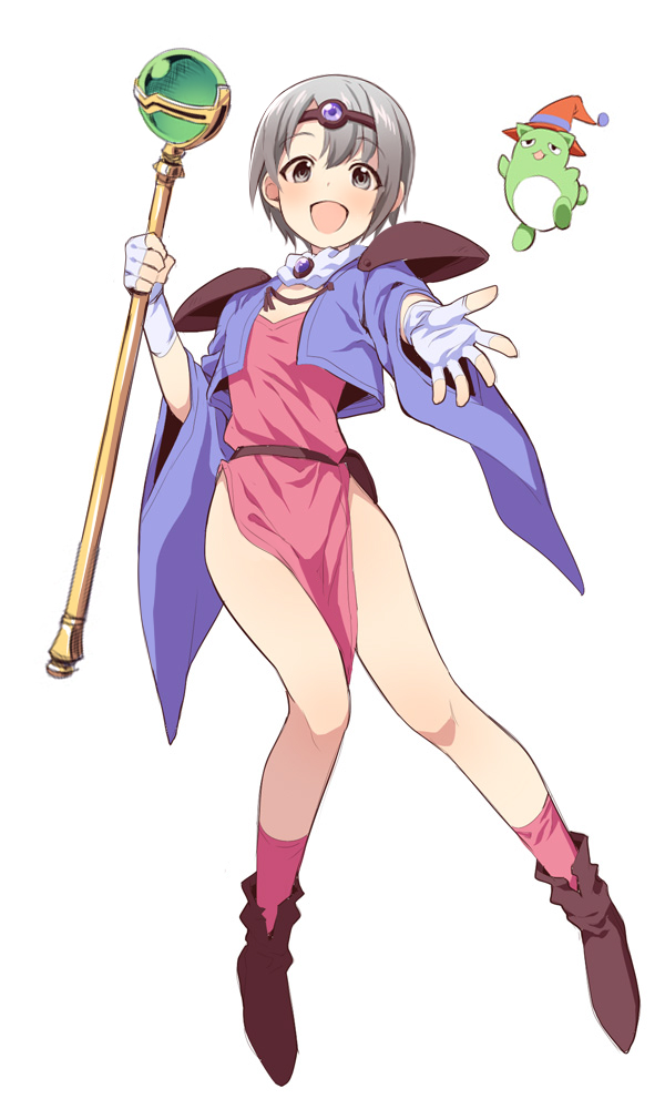 1girl :d armor blue_jacket blush boots brown_boots circlet cosplay cropped_jacket dress fingerless_gloves full_body gloves grey_eyes grey_hair haou_taikei_ryuu_knight hat holding holding_staff idolmaster idolmaster_cinderella_girls jacket long_sleeves looking_at_viewer magidora open_mouth orb otokura_yuuki paffy_pafuricia paffy_pafuricia_(cosplay) pauldrons pelvic_curtain pina_korata pink_dress pink_lips red_hat revision short_hair shoulder_armor simple_background smile socks solo staff uccow white_background white_gloves wide_sleeves witch_hat