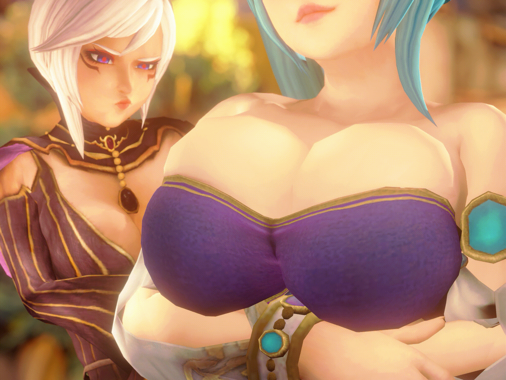 2girls 3d animated animated_gif bare_shoulders blue_eyes blue_hair bouncing_breasts breast_envy breasts cia_(hyrule_warriors) cleavage female_focus head_out_of_frame highres hyrule_warriors jiggle lana_(hyrule_warriors) large_breasts lips multiple_girls n-nurico nintendo red_pupils short_hair skindentation the_legend_of_zelda upper_body white_hair