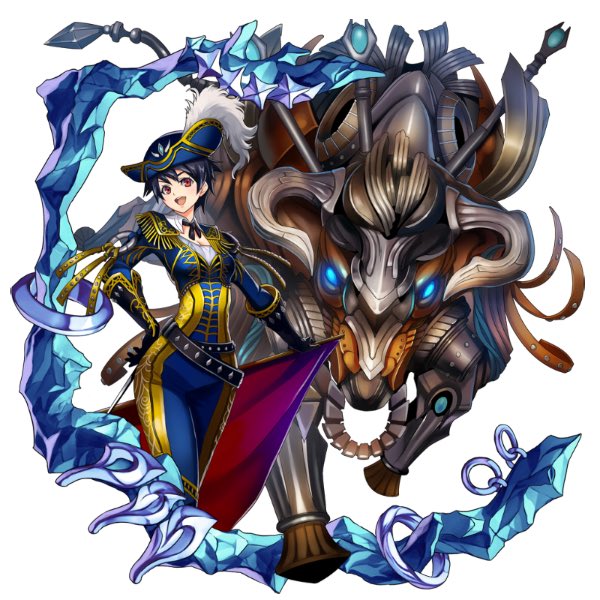 1girl :d armor artist_request bicorne black_gloves black_hair black_ribbon blue_hat blue_jacket blue_pants breasts bull bullfighting cleavage cow detached_collar elbow_gloves epaulettes feathers frilled_jacket frills game_cg gloves hand_on_own_hip hat hat_feather jacket looking_at_viewer medium_breasts megido72 muleta multicolored_jacket neck_ribbon official_art open_mouth pants red_eyes ribbon running short_hair smile solo standing teeth tight_clothes tight_pants tomboy two-tone_jacket two-tone_pants upper_teeth_only white_feathers yellow_jacket yellow_pants zagan_(megido72)