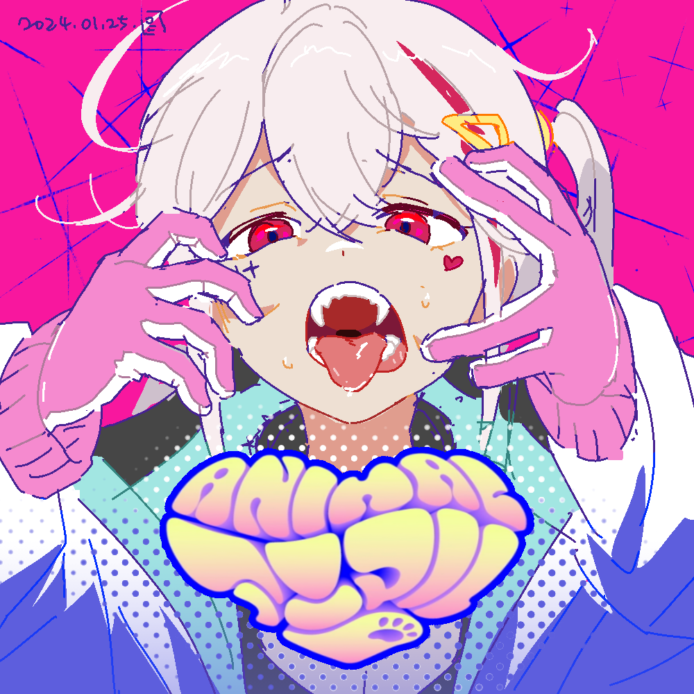 1girl 500_ml_beaker animal_(vocaloid) fangs gloves goddess_of_victory:_nikke hair_ornament heart heart_tattoo jackal_(nikke) looking_at_viewer low_twintails parody pink_background pink_eyes pink_gloves sharp_teeth solo tattoo teeth tongue tongue_out triangle_hair_ornament twintails