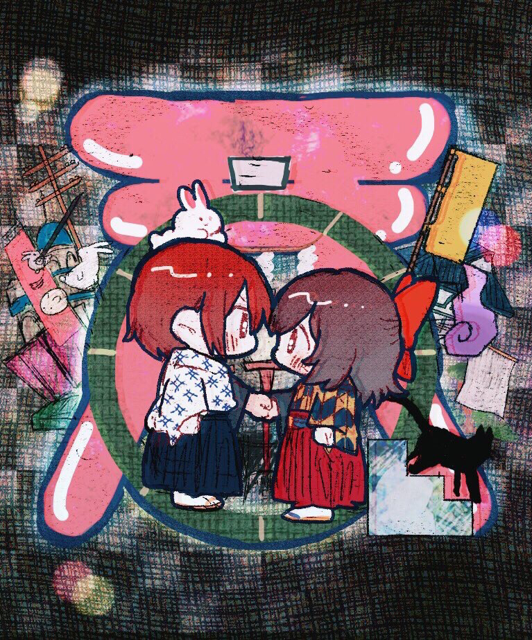 1boy 1girl animal animal_on_head ayazuki_mei black_cat black_kimono black_sleeves blue_hakama blush_stickers bow brown_eyes brown_hair cat checkered_background checkered_clothes checkered_kimono checkered_sleeves chibi commentary_request dark eye_contact face-to-face from_side full_body hair_bow hakama hakama_skirt handshake hitodama izumi_kyouka_(meiji_tokyo_renka) japanese_clothes kimono long_sleeves looking_at_another medium_hair meiji_tokyo_renka on_head pill rabbit rabbit_on_head red_bow red_eyes red_hair red_hakama sandals short_kimono skirt sleeves_past_wrists socks sugi_haeru tabi two-tone_kimono two-tone_sleeves v-shaped_eyebrows vignetting white_kimono white_sleeves white_socks wide_sleeves yellow_kimono yellow_sandals yellow_sleeves zouri