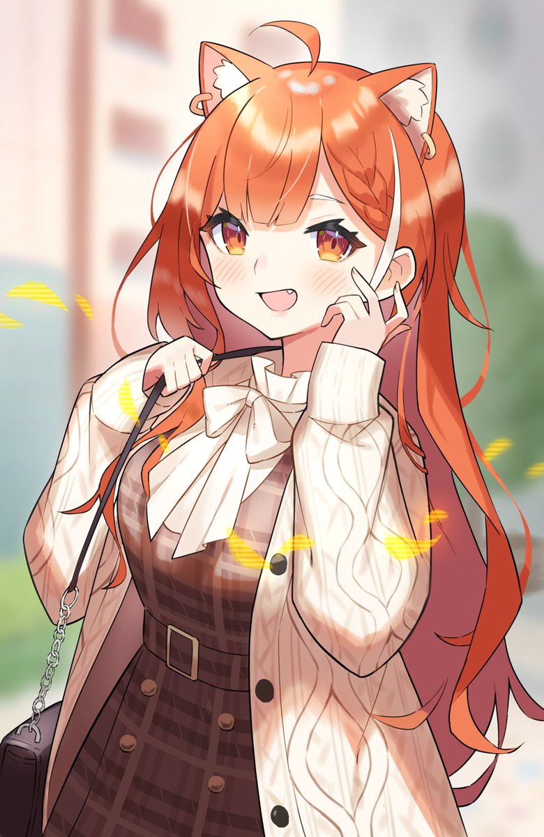 1girl aotake_iro bag beige_bow beige_sweater belt blurry blurry_background breasts brown_belt brown_dress dress eyebrows_hidden_by_hair handbag highres leaf long_hair looking_at_viewer medium_breasts nijisanji orange_hair plaid_clothes plaid_dress ratna_petit red_panda_ears red_panda_girl smile solo sweater virtual_youtuber white_sweater