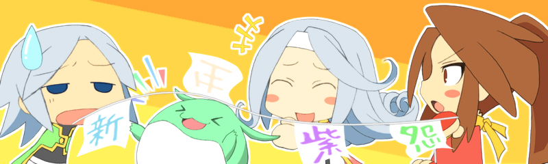 &gt;_&lt; 1boy 2girls blue_eyes blush brown_eyes brown_hair closed_eyes dio_(tales) dress fujibayashi_suzu grey_hair headband jacket kuruuru long_hair mel_(tales) multiple_girls open_mouth pants ponytail scarf short_hair tales_of_(series) tales_of_phantasia:_narikiri_dungeon tales_of_phantasia:_narikiri_dungeon_x