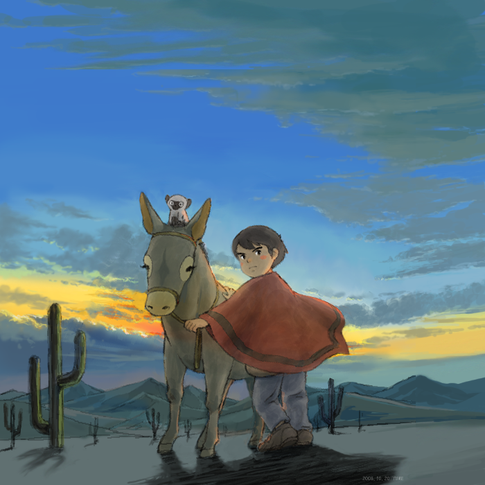 1boy amedeo animal black_hair brown_footwear cactus cape cloud donkey haha_o_tazunete_sanzenri lemur male_focus marco_rossi_(wmt) mountainous_horizon outdoors sakai_yume shadow solo sunset watermark world_masterpiece_theater