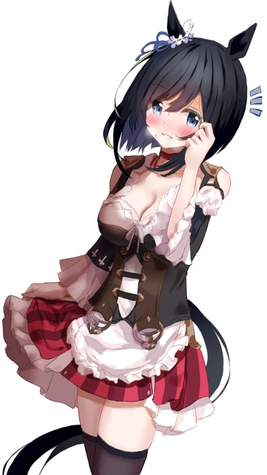 1girl animal_ears ashinagi_(bijutu1) black_hair black_legwear blue_eyes blush breasts eishin_flash_(umamusume) horse_ears horse_girl horse_tail large_breasts looking_at_viewer tail umamusume