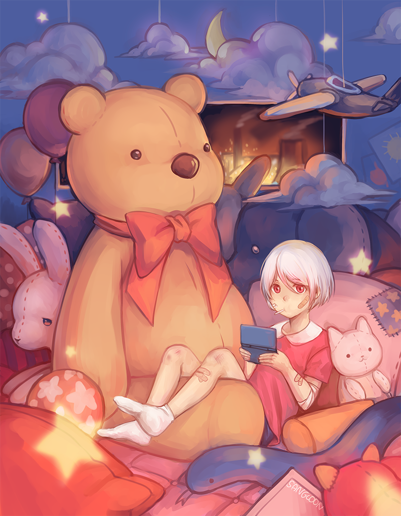 1girl artist_name balloon bandaged_arm bandages bandaid bandaid_on_arm bandaid_on_face bandaid_on_leg bruise candy female_focus food handheld_game_console injury lollipop no_shoes original pillow red_eyes ribbon sangcoon signature sitting socks solo star_(symbol) stuffed_animal stuffed_cat stuffed_rabbit stuffed_toy teddy_bear toy_airplane white_hair