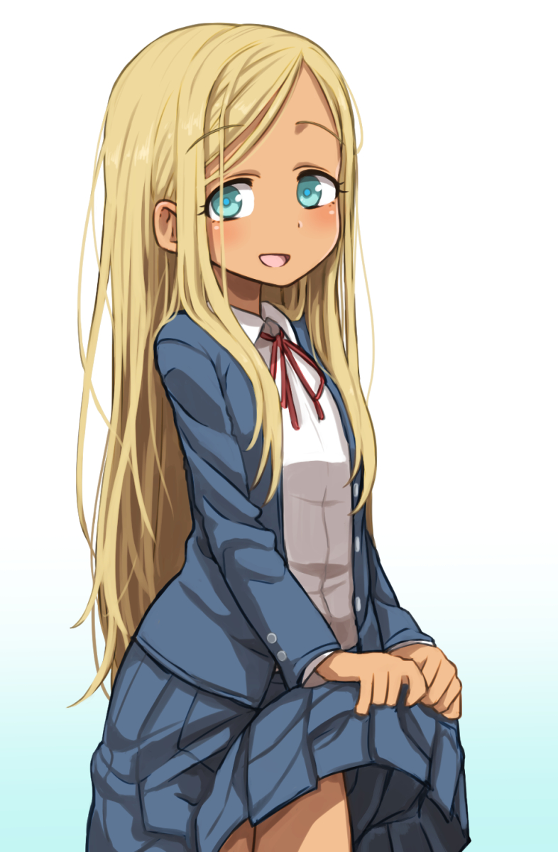 1girl blonde_hair blue_eyes blush clip_studio_paint_(medium) dark-skinned_female dark_skin gazacy_(dai) highres idolmaster idolmaster_cinderella_girls jacket layla_(idolmaster) long_hair looking_at_viewer neck_ribbon open_clothes open_jacket open_mouth ribbon skirt skirt_hold smile solo