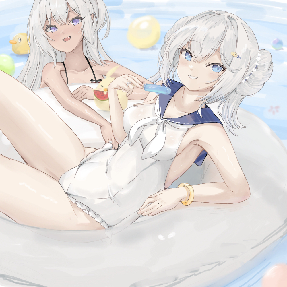 2girls azur_lane bare_shoulders blue_eyes blue_sailor_collar blush breasts commentary_request covered_navel dark-skinned_female dark_skin double_bun fang food from_side grin hair_between_eyes hair_bun hair_ornament hairclip holding holding_food holding_popsicle jade_(a_lick_of_summer)_(azur_lane) jade_(azur_lane) long_hair looking_at_viewer medium_breasts medium_hair multiple_girls mumei_shumi neckerchief on_innertube one-piece_swimsuit popsicle purple_eyes sailor_collar smile swimming swimsuit u-31_(azur_lane) upper_body very_long_hair white_hair white_neckerchief