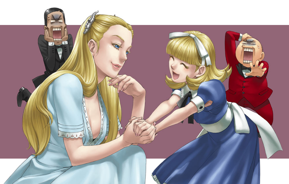 2boys 2girls alice_(megami_tensei) atlus belial belial_(megami_tensei) blonde_hair blue_eyes breasts cleavage dress hair_ornament hairband holding_hands louisa_ferre multiple_boys multiple_girls nebiros shin_megami_tensei shin_megami_tensei:_strange_journey smile tsushima_shuu