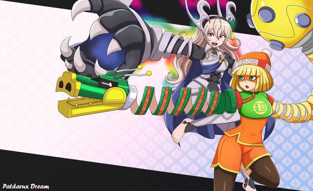 2girls arms_(game) barefoot beanie blonde_hair female_corrin_(fire_emblem) domino_mask dragon_(arms) fire_emblem fire_emblem_fates glowing green_eyes hat long_hair mask megawatt_(arms) min_min_(arms) multiple_girls nintendo patdarux red_eyes short_hair super_smash_bros. very_long_hair