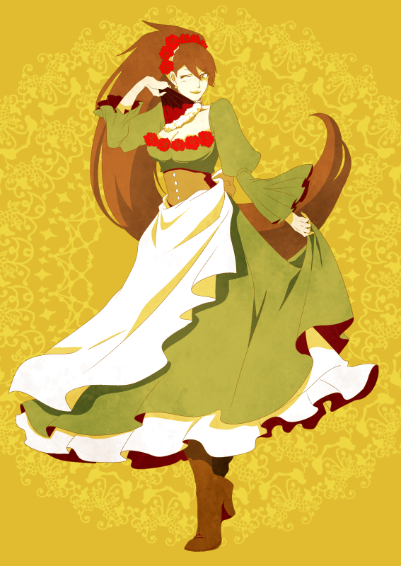 1girl ace_attorney ace_attorney_investigations ace_attorney_investigations_2:_prosecutor&#039;s_gambit boots brown_boots brown_hair clothes_lift dress dress_lift female_focus flower green_dress hair_flower hair_ornament hand_fan long_hair oyashiki_tsukasa phoenix_wright:_ace_attorney_-_dual_destinies pncnmmm skirt_hold solo very_long_hair yellow_background