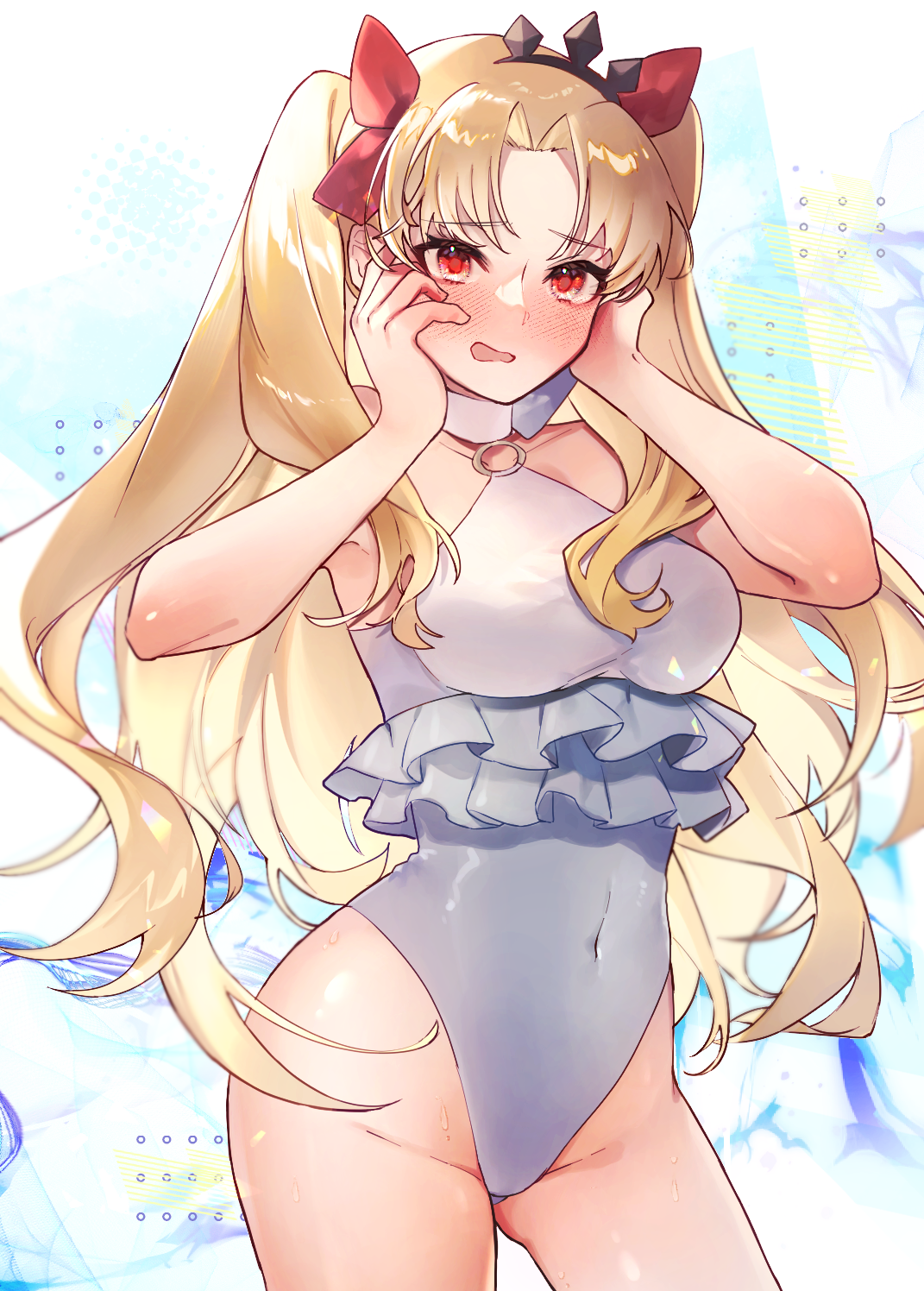 1girl bare_shoulders black_tiara blonde_hair blush breasts commentary_request covered_navel cowboy_shot embarrassed ereshkigal_(fate) fate/grand_order fate_(series) frilled_one-piece_swimsuit frills gluteal_fold hair_ribbon hands_on_own_face highleg highleg_one-piece_swimsuit highres looking_at_viewer mipi o-ring o-ring_swimsuit one-piece_swimsuit parted_bangs partial_commentary red_eyes red_ribbon ribbon simple_background solo space_ereshkigal_(fate) space_ereshkigal_(first_ascension)_(fate) swimsuit tiara two-tone_swimsuit two_side_up white_one-piece_swimsuit