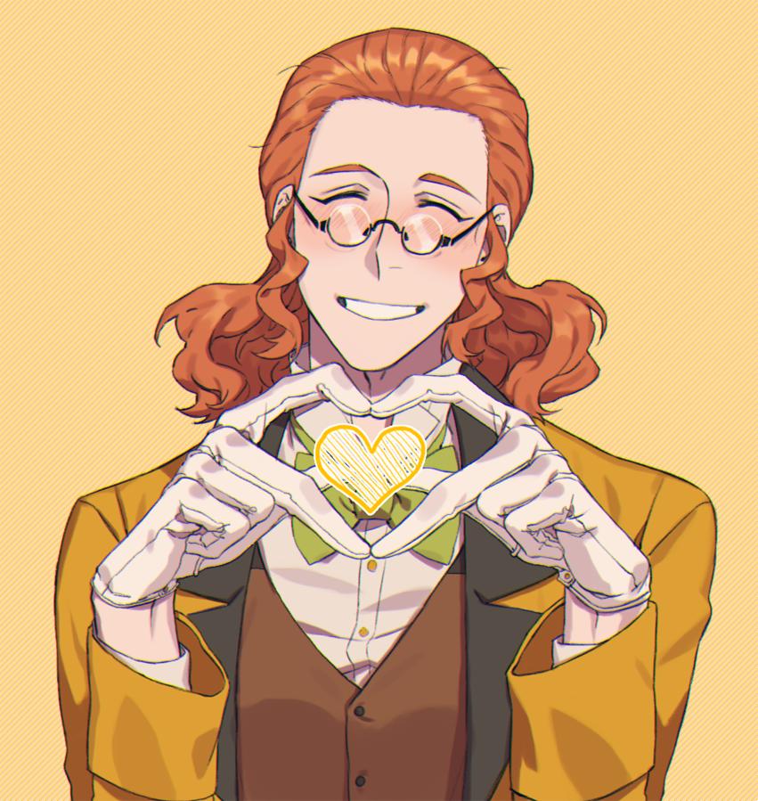 1boy blush bow bowtie brown_hair brown_vest buttons classicaloid facing_viewer forehead franz_schubert_(classicaloid) glasses gloves green_bow green_bowtie grin heart heart_hands jacket long_sleeves male_focus orange_background sf_jd shirt short_hair smile solo vest white_gloves white_shirt yellow_jacket