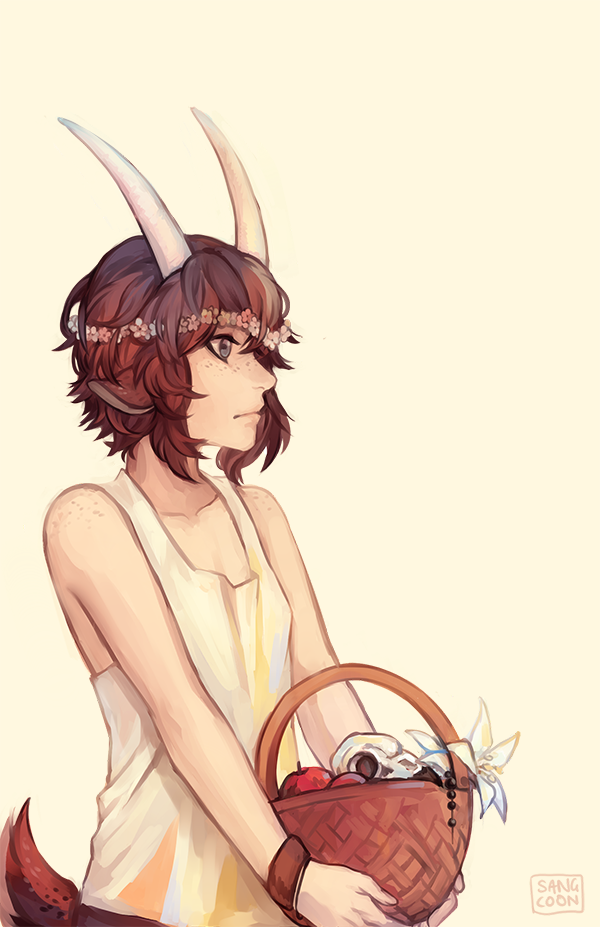 1boy animal_ears apple artist_name basket blue_eyes brown_hair carrying flower food freckles fruit goat_ears goat_tail head_wreath horns lily_(flower) male_focus original sangcoon signature solo tail tank_top upper_body wristband