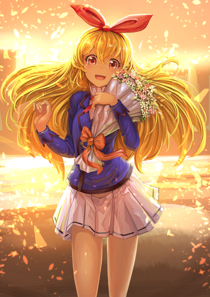 10s 1girl :d aikatsu! aikatsu!_(series) blonde_hair blush bouquet female_focus flower hair_ribbon highres hoshimiya_ichigo koruse light_particles long_hair looking_at_viewer open_mouth pleated_skirt red_eyes ribbon school_uniform skirt smile solo