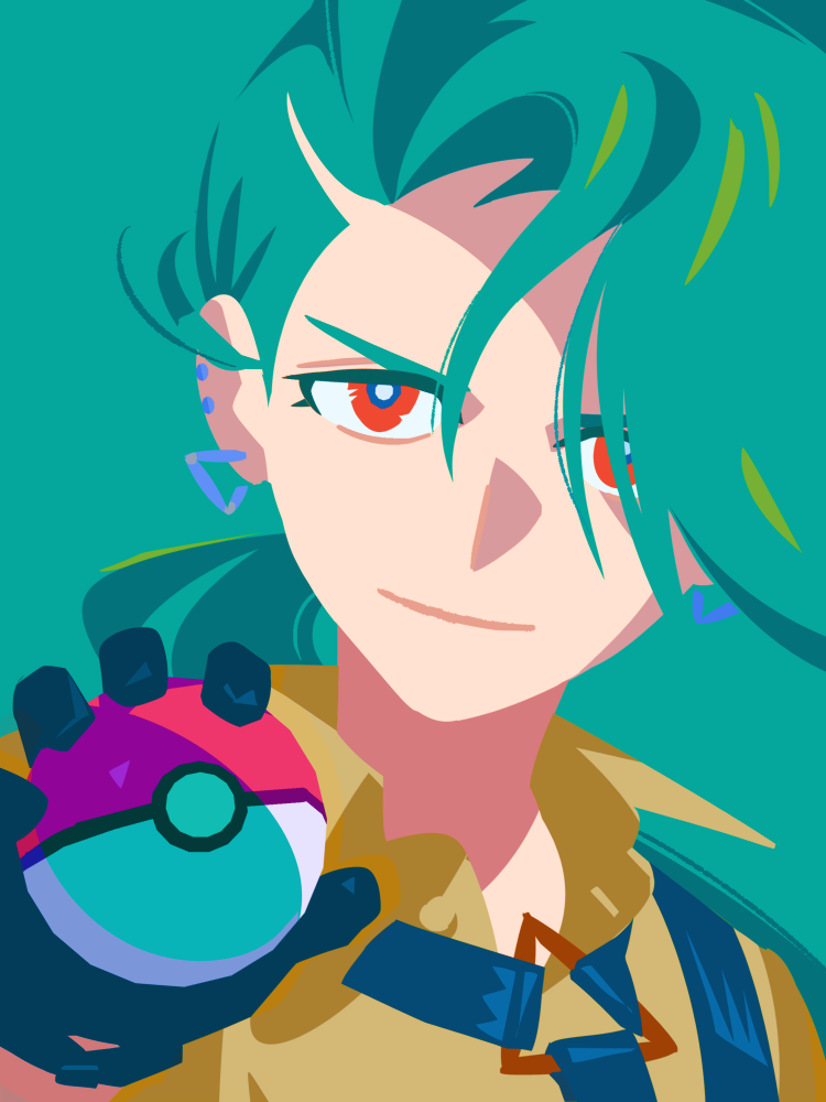 1girl closed_mouth collared_shirt commentary_request ear_piercing earrings eyelashes green_background green_hair holding holding_poke_ball jewelry logi_bunbukucha nintendo piercing poke_ball poke_ball_(basic) pokemon pokemon_sv portrait red_eyes rika_(pokemon) shirt simple_background smile solo v-shaped_eyebrows