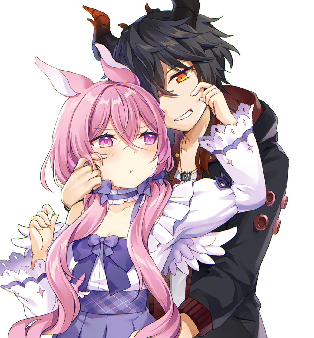 1boy 1girl :t animal_ears arm_up black_hair black_jacket bow breasts cheek_pinching cleavage closed_mouth commentary commission craytm english_commentary feathered_wings grin hair_between_eyes hair_bow hood hood_down hooded_jacket horns jacket juliet_sleeves long_hair long_sleeves low_twintails mini_wings mutual_cheek_pinching open_clothes open_jacket orange_eyes original pinching pink_hair pleated_skirt pout puffy_sleeves purple_bow purple_eyes purple_skirt shirt simple_background skirt small_breasts smile twintails very_long_hair white_background white_shirt white_wings wings