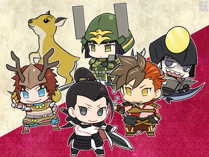 1girl 4boys :d armor black_hair blue_eyes book brown_hair chibi chibi_only deer dice expressionless fake_antlers gotou_matabei_(sengoku_basara) green_eyes grey_eyes hand_on_own_hip helmet holding holding_sword holding_weapon ii_naotora_(sengoku_basara) japanese_armor kabuto_(helmet) looking_at_viewer male_focus manojimerser multicolored_hair multiple_boys official_style open_book open_mouth outline oyassan_(sengoku_basara) pointing pointing_up ponytail red_background red_hair sengoku_basara sharp_teeth shibata_katsuie_(sengoku_basara) shima_sakon_(sengoku_basara) smile sword teeth two-tone_background two-tone_hair weapon white_outline yamanaka_shikanosuke_(sengoku_basara) yellow_background yellow_eyes