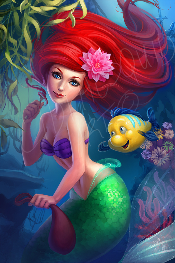 1girl ariel_(disney) bag bikini blue_eyes fish flounder_(the_little_mermaid) flower fork green_tail hair_flower hair_ornament holding holding_bag holding_fork lidthesquid long_hair mermaid monster_girl navel pink_flower red_hair shell shell_bikini the_little_mermaid_(disney) underwater