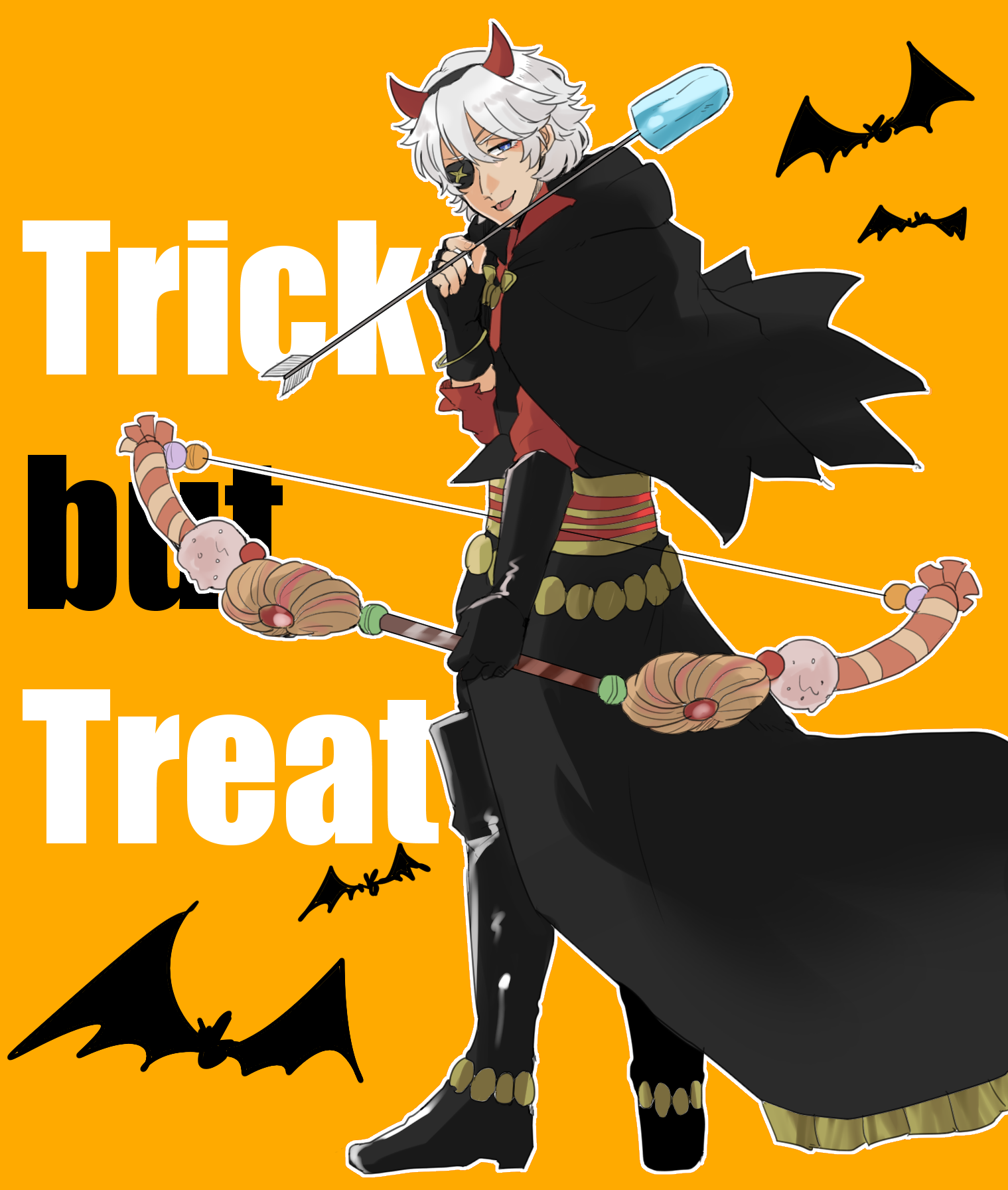 1boy arrow_(projectile) bat_(animal) blue_eyes bow_(weapon) demon_costume demon_horns eyepatch fire_emblem fire_emblem_fates fire_emblem_heroes halloween halloween_costume highres holding holding_arrow holding_bow_(weapon) holding_weapon horns male_focus matumuraaaa niles_(fire_emblem) niles_(halloween)_(fire_emblem) nintendo official_alternate_costume solo trick_or_treat weapon white_hair