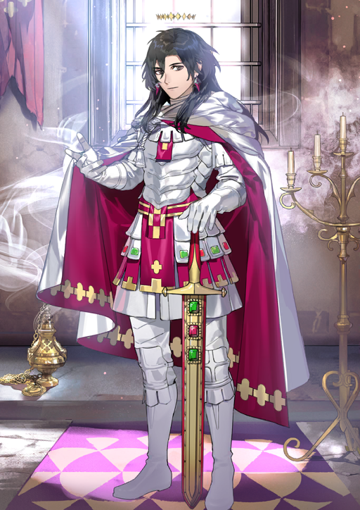 1boy armor black_hair boots breastplate cape closed_mouth constantine_xi_(fate) earrings expressionless fate/grand_order fate_(series) faulds full_body game_cg gloves grey_eyes hair_between_eyes halo hand_on_hilt hands_up head_tilt incense_burner indoors jewelry kurahana_chinatsu long_hair looking_at_viewer male_focus official_art pants red_cape sheath sheathed smoke smoke_trail solo standing sword third-party_source three_quarter_view two-sided_cape two-sided_fabric weapon white_armor white_boots white_cape white_gloves white_pants