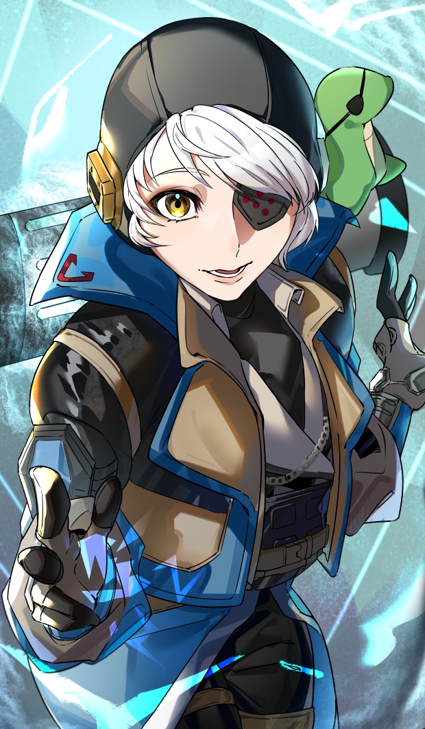 1girl animification apex_legends black_pants black_shirt blue_jacket brown_eyes brown_gloves brown_jacket commentary deep_current_wattson gloves grey_hair jacket looking_at_viewer nessie_(respawn) official_alternate_costume one_eye_covered open_hands open_mouth pants shirt solo symbol-only_commentary wattson_(apex_legends) yohuan