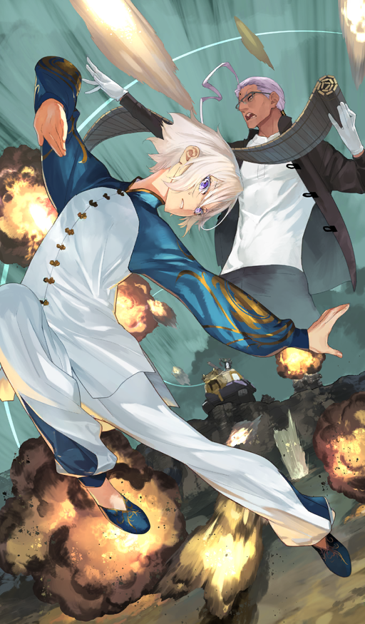 108-nin_no_halloween_rebellion! 2boys ahoge black_pants blue_shoes chen_gong_(fate) chinese_clothes commentary dark-skinned_male dark_skin dynamic_pose explosion fate/grand_order fate_(series) glasses gloves green_background hair_between_eyes hair_slicked_back hair_tie holding holding_scroll huge_ahoge jacket jumping long_sleeves low_ponytail male_focus mandarin_collar midair military_vehicle motor_vehicle multiple_boys official_alternate_costume official_art okazaki_takeshi open_clothes open_jacket open_mouth outstretched_arm pankou pants parted_lips ponytail prince_of_lan_ling_(fate) purple_eyes purple_hair scroll shirt shoes short_hair sidelocks small_sweatdrop tangzhuang tank teeth white_gloves white_hair white_pants white_shirt zoom_layer