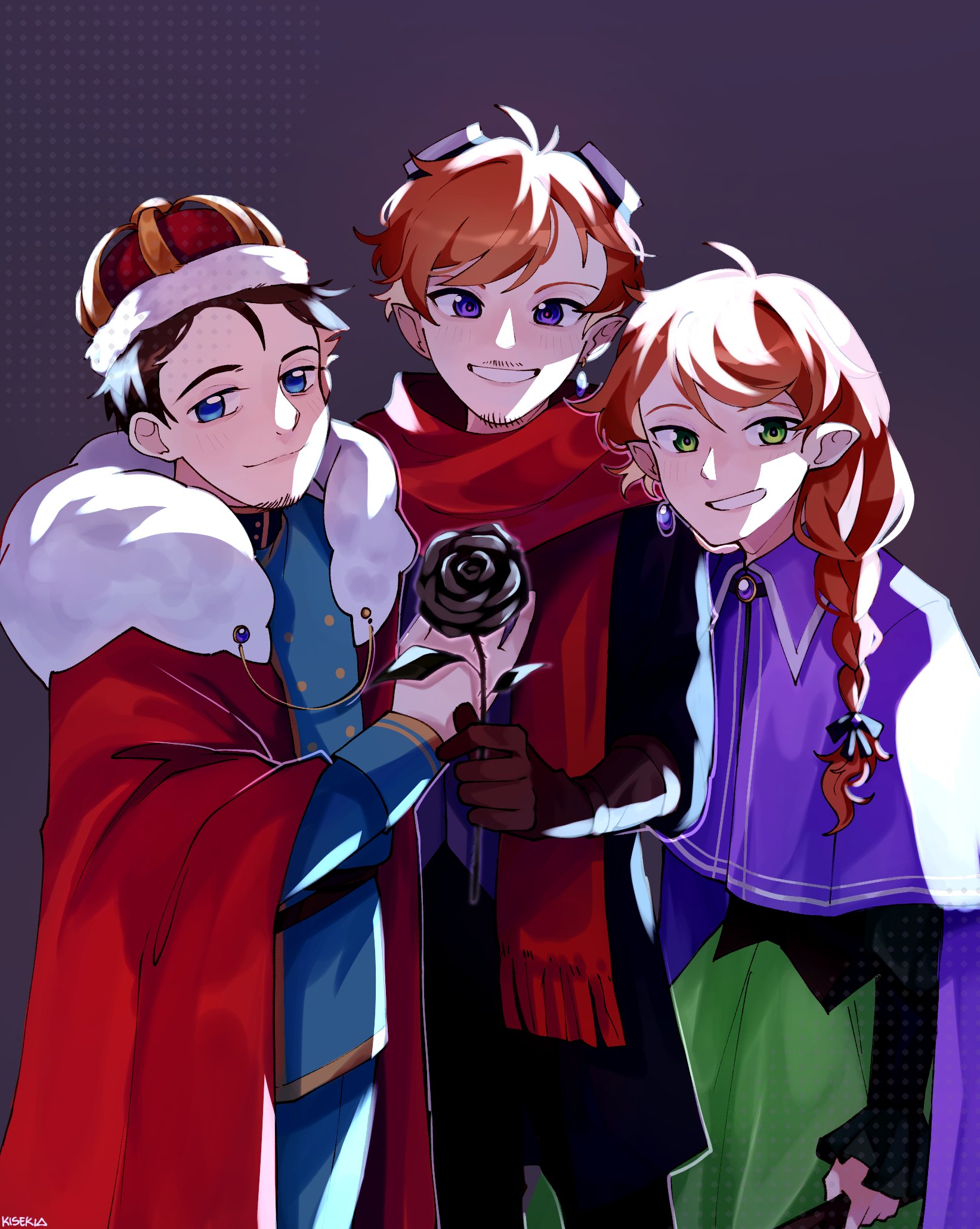 1girl 2boys blue_eyes braid brother_and_sister brown_hair cape capelet commentary crown earrings empires_smp english_commentary flower fwhip fwhip_(count) gem geminitay geminitay_(wizard) goggles goggles_on_head highres holding holding_flower jewelry kisekiii_25 looking_at_viewer minecraft minecraft_youtube multiple_boys mythicalsausage mythicalsausage_(lord) orange_hair purple_eyes scarf short_hair siblings single_braid single_earring smile standing twins wither_rose