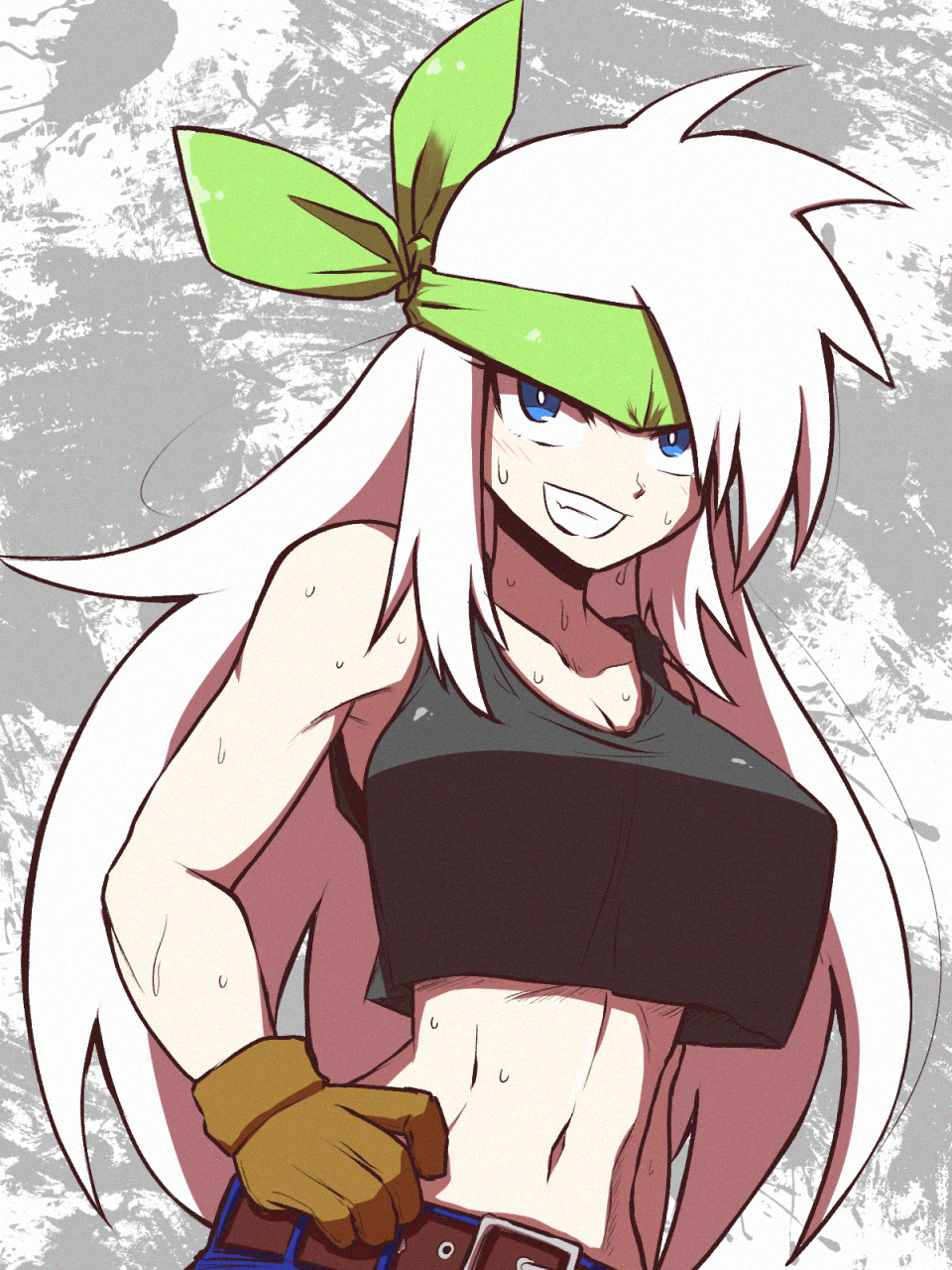 1girl bandana bandana_over_eyes belt black_tank_top blue_eyes breasts brown_belt brown_gloves commentary_request crop_top gloves green_bandana grin hand_on_own_hip highres kirby:_right_back_at_ya! kirby_(series) kurachi_mizuki large_breasts long_hair marble_background midriff muscular muscular_female navel nintendo personification sirica_(kirby) smile solo spiked_hair sweat tank_top upper_body very_long_hair white_hair
