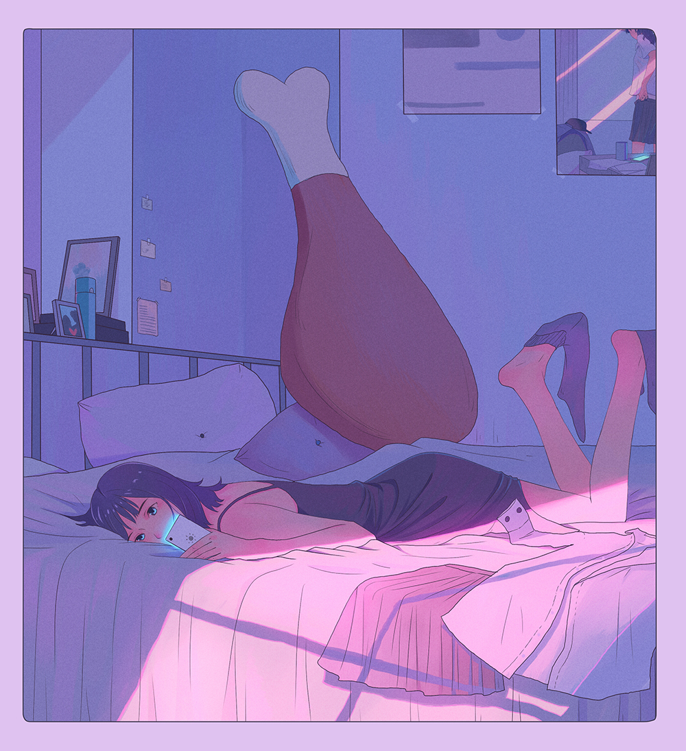 1girl bare_arms blue_eyes blue_hair blue_socks border cellphone chicken_(food) chicken_leg chinese_commentary commentary_request covered_mouth dress dress_shirt feet_up female_focus food from_side holding holding_phone indoors kneehighs lying medium_hair morncolour nightgown note on_bed on_stomach original phone photo_(object) pillow pleated_skirt poster_(object) room screen_light shade shirt skirt slice_of_life smartphone sock_dangle socks soles solo spam_(food) themed_object unworn_shirt unworn_skirt