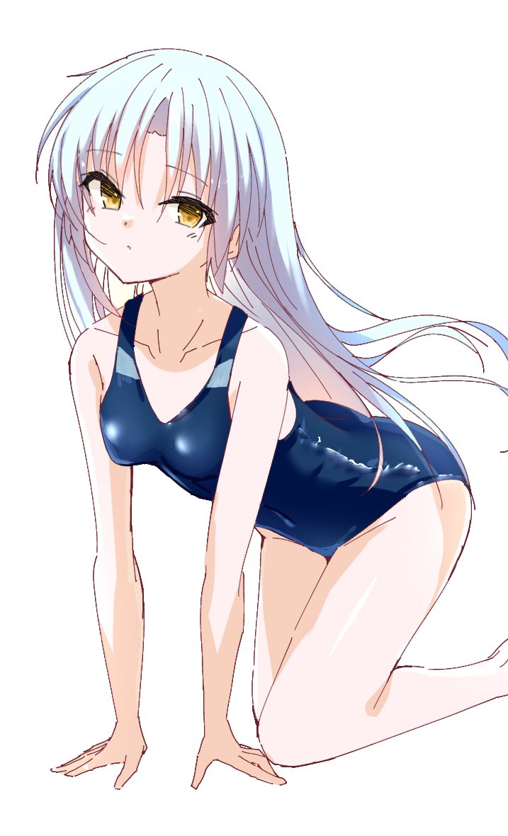 1girl all_fours angel_beats! bare_arms blue_one-piece_swimsuit breasts closed_mouth collarbone commentary_request covered_navel expressionless feet_out_of_frame groin hair_between_eyes long_hair looking_at_viewer one-piece_swimsuit school_swimsuit simple_background sketch small_breasts solo straight_hair swimsuit tenshi_(angel_beats!) thighs white_background white_hair yellow_eyes yoanium