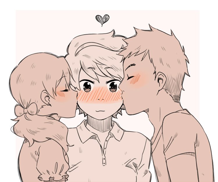 1boy 1girl 1other :3 androgynous ange_(angeban93) bisexual_female bisexual_male blush bow cheek_kiss collared_shirt commentary double_cheek_kiss english_commentary hair_bow heart hetero kiss kissing_cheek nose_blush original shirt