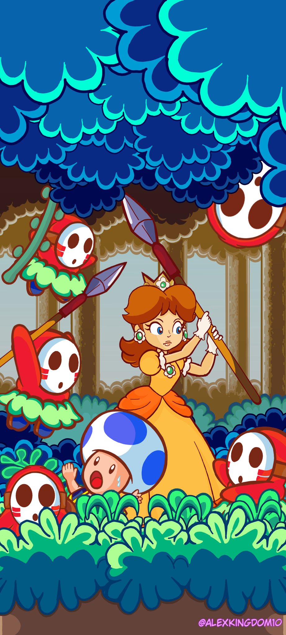 1boy 1girl blue_eyes blue_toad_(mario) forest highres hood mario_(series) mask nature nervous nintendo polearm princess_daisy spear spear_guy super_mario_bros._wonder super_mario_world_2:_yoshi&#039;s_island sweat toad_(mario) tree weapon