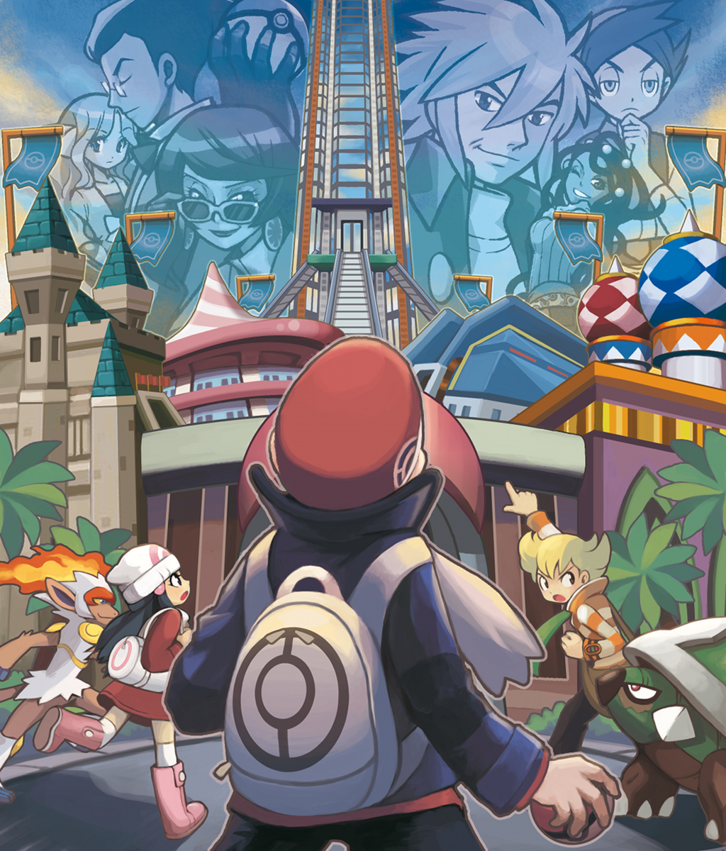 00s argenta_(pokemon) barry_(pokemon) beanie caitlin_(pokemon) dahlia_(pokemon) darach_(pokemon) dawn_(pokemon) frontier_brain gen_4_pokemon hat highres infernape lucas_(pokemon) nintendo official_art outdoors palmer_(pokemon) poke_ball poke_ball_(basic) pokemon pokemon_(creature) pokemon_dppt red_hat spiked_hair standing swept_bangs thorton_(pokemon) torterra white_hat
