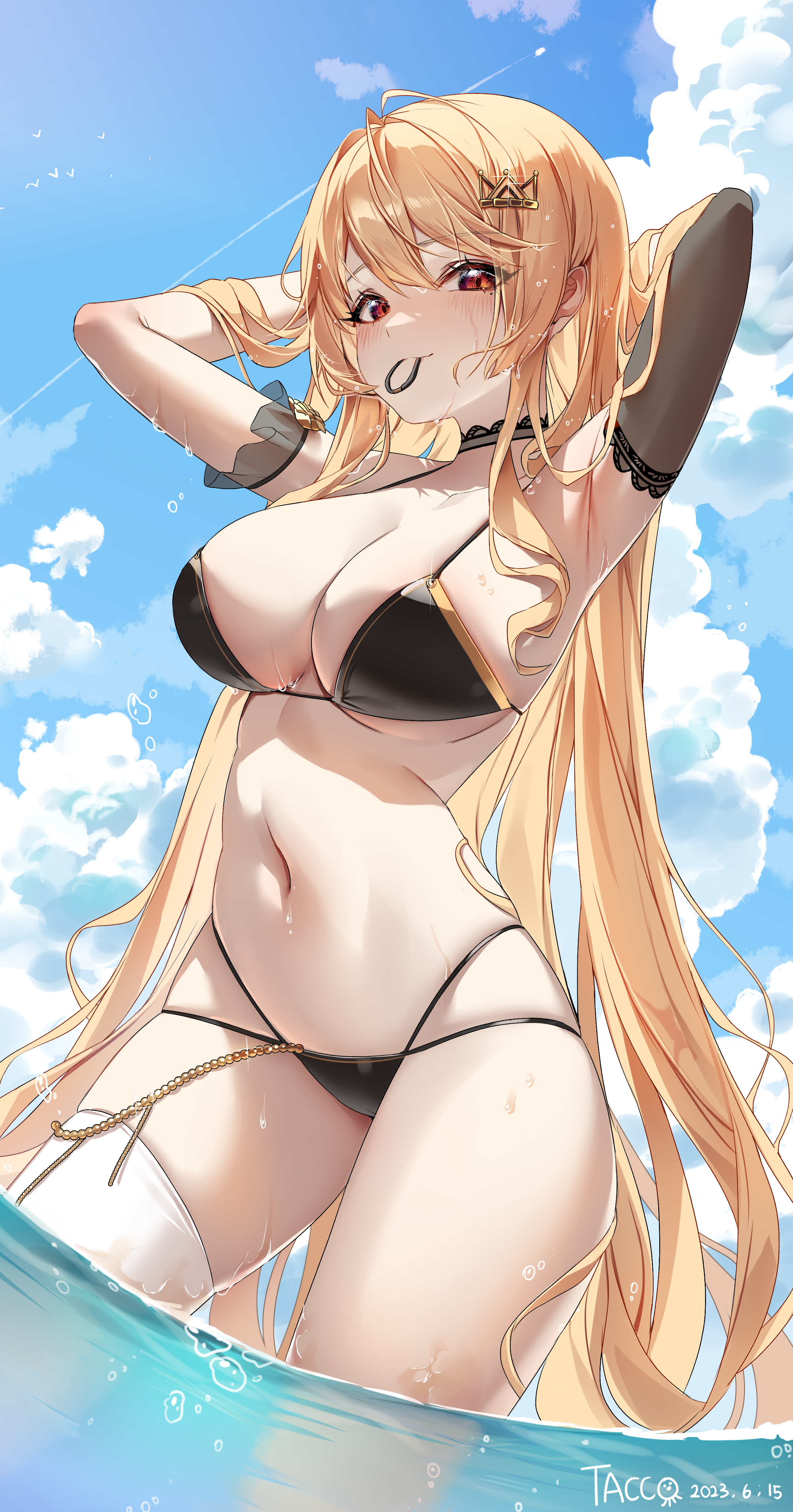 1girl absurdres arm_warmers armpits arms_behind_head arms_up bare_shoulders beads bikini black_bikini black_choker blonde_hair breasts choker cleavage commission cream_(cream) crown_hair_ornament day hair_ornament hair_tie_in_mouth hairclip halterneck highleg highleg_bikini highres large_breasts long_hair looking_at_viewer mole mole_under_eye mouth_hold multi-strapped_bikini navel original outdoors red_eyes second-party_source single_arm_warmer single_thighhigh skindentation smile solo standing stomach string_bikini swimsuit tacco_(tikeworld) thighhighs thighs very_long_hair wading water wet white_thighhighs