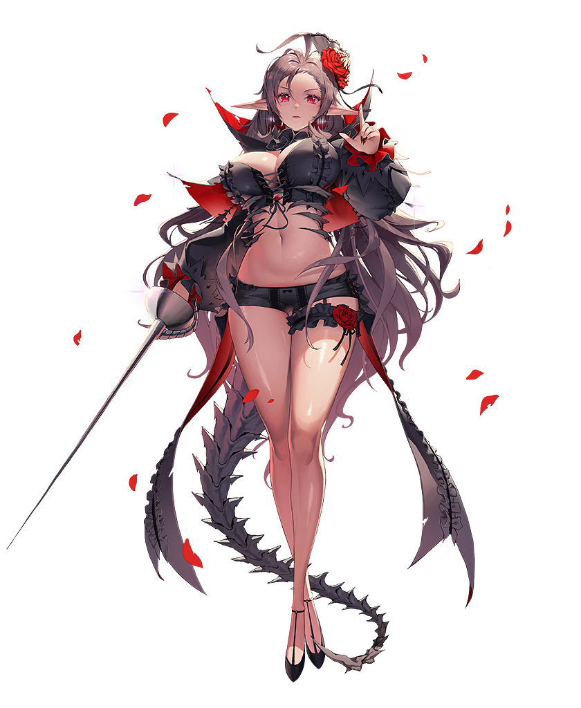 1girl breasts brown_hair collar collared_cape destiny_child fencing flower frilled_collar frills hair_flower hair_ornament high_heels laima_(destiny_child) large_breasts long_hair looking_at_viewer monster_tail navel petals pointy_ears puffy_sleeves red_eyes red_flower short_shorts shorts thigh_strap thighs transparent_background