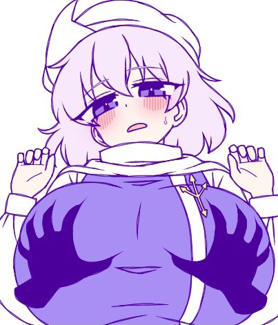1girl 1other blush breasts commentary deep_skin grabbing_another&#039;s_breast groping hat huge_breasts ketsumaimo letty_whiterock looking_at_viewer lowres open_mouth pink_hair purple_eyes purple_vest shirt simple_background solo_focus touhou upper_body vest white_background white_hat white_shirt