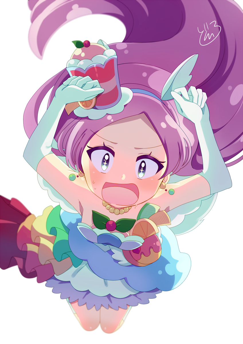 1girl animal_ears arms_up bare_shoulders berry choker commentary_request cure_parfait doroshii dress earrings elbow_gloves falling food food-themed_hair_ornament fruit gloves hair_ornament headband highres horse_ears jewelry kirahoshi_ciel kirakira_precure_a_la_mode kiwi_(fruit) leaf lemon long_hair multicolored_eyes open_mouth orange_(fruit) parfait pearl_choker pearl_earrings pink_hair ponytail precure simple_background solo strapless strapless_dress tail white_background white_gloves white_tail white_wings wings
