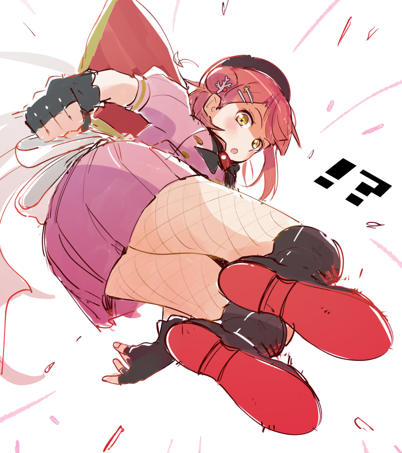 !? 1girl :o ass beret black_boots black_bow black_bowtie black_gloves black_hat blunt_bangs blush boots bow bowtie clenched_hand colored_shoe_soles commentary drop_kick fingerless_gloves fishnet_pantyhose fishnets flying_kick from_below full_body gloves hair_bun hair_ornament hairclip half_updo hat kicking looking_at_viewer love_live! love_live!_nijigasaki_high_school_idol_club love_live!_nijigasaki_high_school_idol_club_the_movie_-_finale medium_hair miniskirt open_mouth pantyhose pink_hair pink_shirt pink_skirt pleated_skirt shirt side_cape simple_background single_side_bun skirt skirt_set skt_(ryxxxxx) solo stellar_stream_(love_live!) swept_bangs uehara_ayumu white_background yellow_eyes