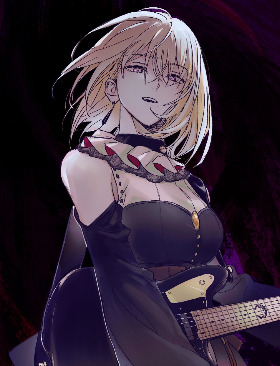 1girl 7-string_guitar bang_dream! bang_dream!_it&#039;s_mygo!!!!! black_dress blonde_hair breasts clothing_cutout commentary_request doloris_(bang_dream!) dress earrings electric_guitar gudoggae4655431 guitar hair_between_eyes highres instrument jewelry korean_commentary looking_at_viewer medium_breasts misumi_uika open_mouth purple_eyes shoulder_cutout solo teeth upper_teeth_only yellow_brooch