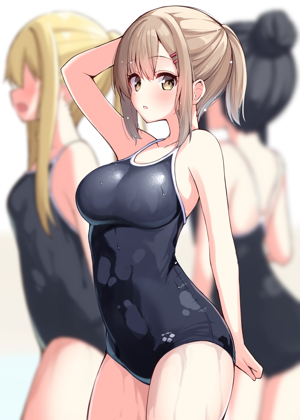 3girls arena_(company) arm_behind_head arm_up bare_arms bare_shoulders black_hair black_one-piece_swimsuit blonde_hair blurry blurry_background blush breasts brown_eyes brown_hair childhood_friend_(ominaeshi) commentary_request competition_school_swimsuit covered_navel depth_of_field faceless faceless_female hair_between_eyes hair_bun hair_ornament hairclip highres long_hair looking_at_viewer medium_breasts multiple_girls ominaeshi_(takenoko) one-piece_swimsuit original parted_lips ponytail school_swimsuit standing swimsuit white_background
