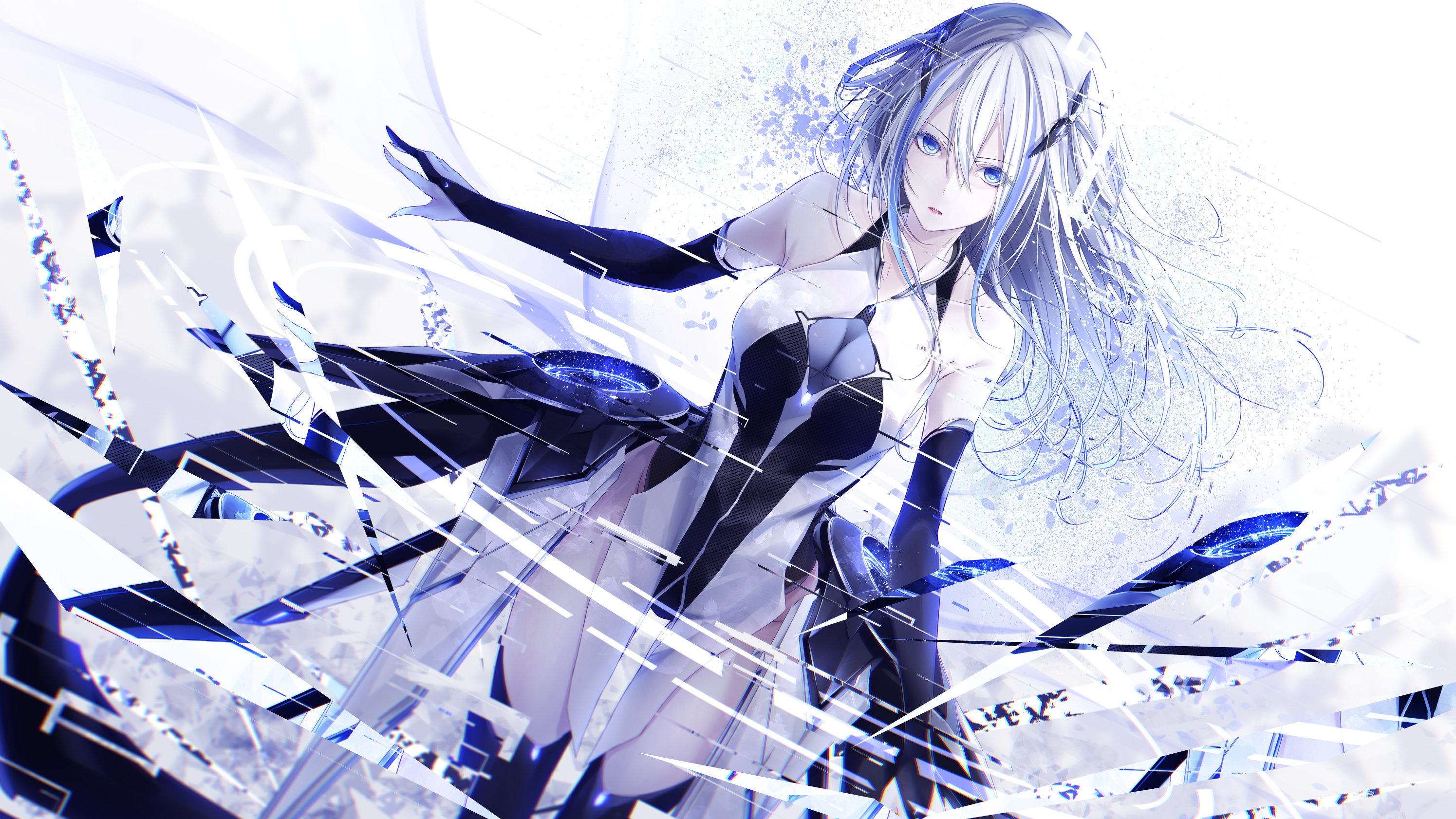 1girl android bare_shoulders blue_eyes breasts cleavage cleavage_cutout clothing_cutout code:qualia cropped_legs detached_sleeves device dress dutch_angle floating floating_hair floating_object glitch hair_ornament hands_up highres long_hair lucia_(code:qualia) mecha_musume multicolored_hair parted_lips purple_hair sleeveless sleeveless_dress standing streaked_hair thighhighs yoaferia zettai_ryouiki