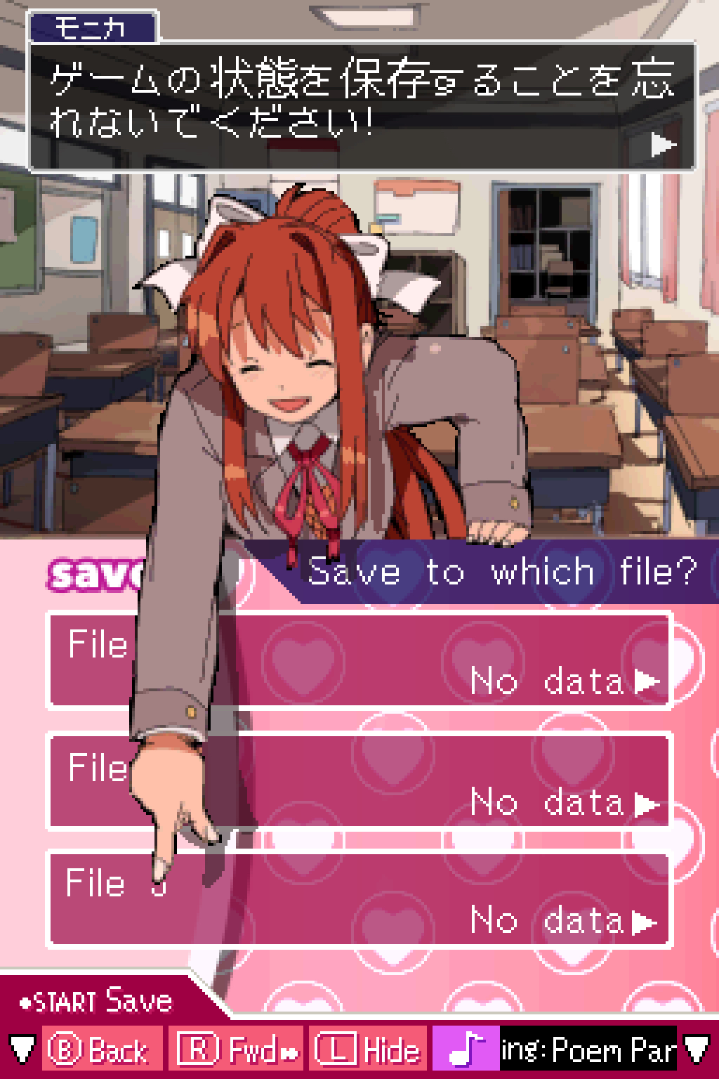 1girl bendedede bow brown_hair classroom closed_eyes commentary doki_doki_literature_club english_commentary english_text fourth_wall grey_jacket hair_bow handheld_game_console highres indoors jacket long_hair mixed-language_text monika_(doki_doki_literature_club) neck_ribbon nintendo_ds open_mouth pointing ponytail red_ribbon ribbon school_uniform sidelocks smile solo symbol-only_commentary translation_request user_interface white_bow