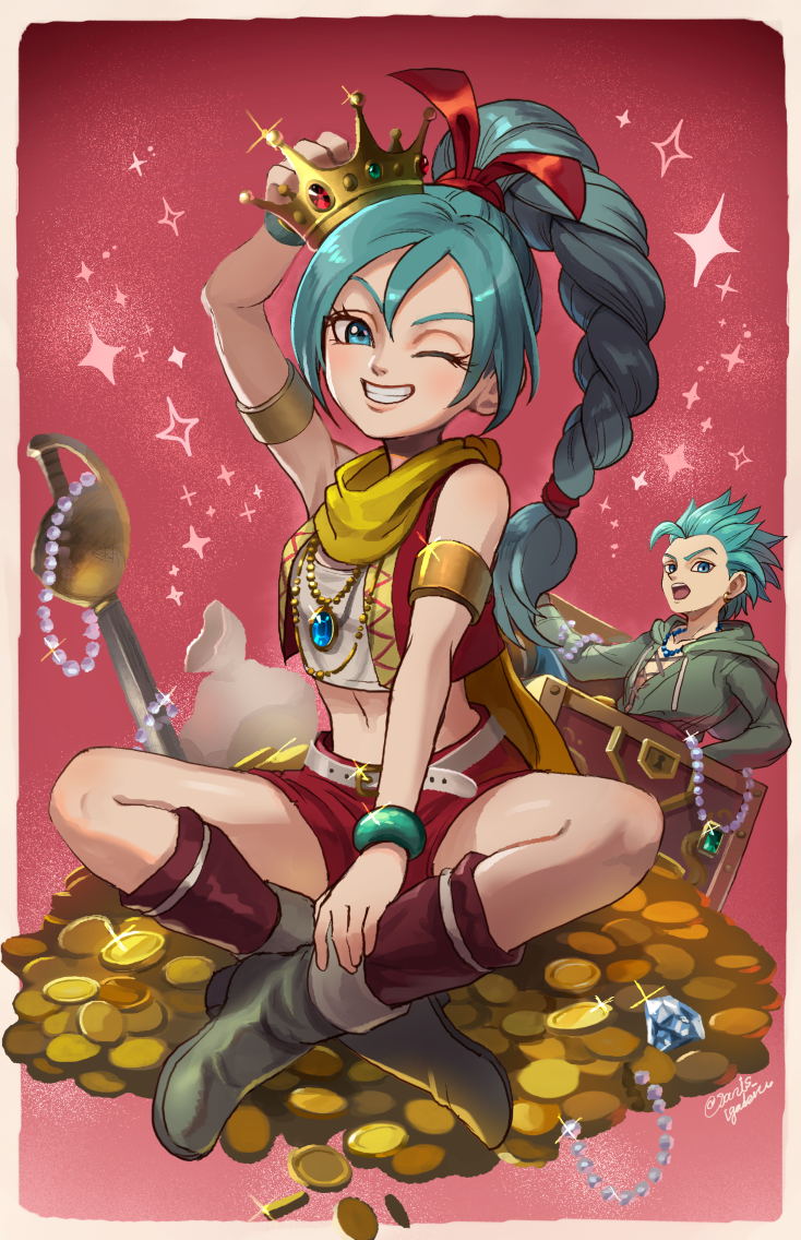 1boy 1girl aqua_eyes aqua_hair armlet bag bead_necklace beads belt blue_eyes blue_gemstone blue_hair boots border bow bracelet braid braided_ponytail breasts brother_and_sister brown_boots camus_(dq11) coin commentary_request cropped_shirt cross-laced_clothes crown diamond_(gemstone) dragon_quest dragon_quest_xi earrings gem gold_armlet gold_coin gold_earrings green_tunic grin hair_bow hoop_earrings indian_style janis_(hainegom) jewelry looking_at_another looking_at_viewer maya_(dq11) midriff navel necklace one_eye_closed open_mouth planted planted_sword planted_weapon ponytail red_background red_bow red_gemstone red_shorts red_socks red_vest scarf shirt shorts siblings signature single_bang sitting small_breasts smile socks sparkle spiked_hair sword treasure treasure_chest tunic vest weapon white_belt white_border white_shirt yellow_scarf yellow_trim