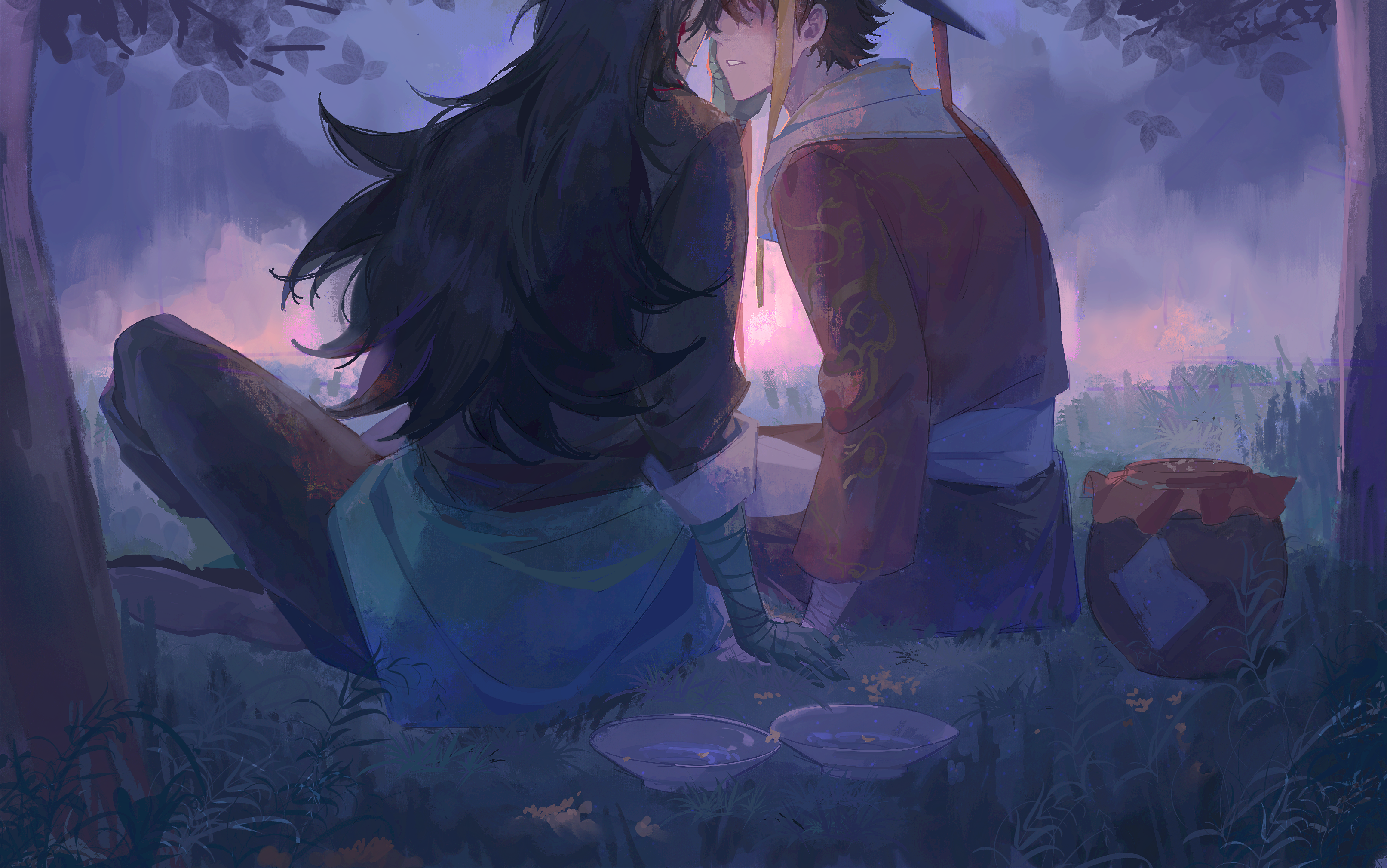2boys absurdres bandaged_arm bandaged_hand bandages black_hair black_jacket black_pants cen_boyao chinese_commentary commentary_request dusk hand_on_another's_cheek hand_on_another's_face highres huayangshan_jishi jacket long_hair luogu male_focus multiple_boys on_grass outdoors pants parted_lips red_jacket shirt short_hair sitting sleeves_rolled_up white_shirt yaoi zhao_yuwen