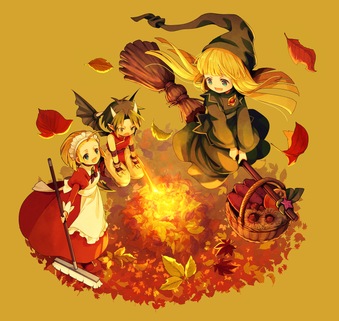 3girls apron autumn autumn_leaves basket blonde_hair blue_eyes blue_robe breath_weapon breathing_fire brooch broom broom_riding draco_centauros dress fingerless_gloves fire food gloves grey_hair holding holding_broom jewelry kikimora_(puyopuyo) kokuzu leaf long_hair long_sleeves madou_monogatari maid maid_headdress multiple_girls open_mouth puyopuyo red_dress robe simple_background sweet_potato white_apron witch_(puyopuyo) yellow_background